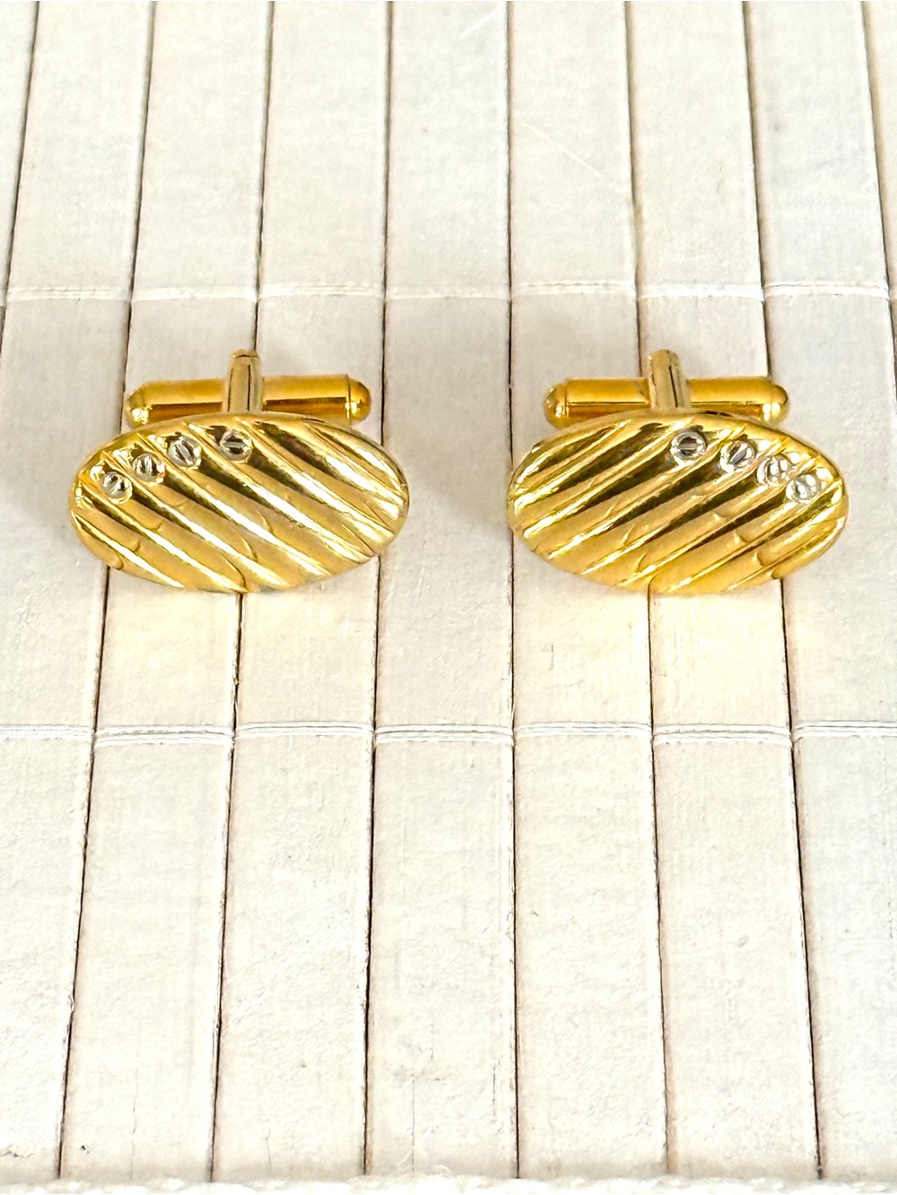 Vintage Gold Silver Tone Oval Cufflinks Cuff Links Textured Stripe Men’s